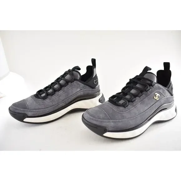 Chanel 23K Grey Suede Black White CC Logo Lace Up Low Top Trainer Sneaker 39.5 - Picture 10 of 15